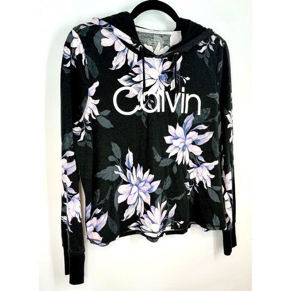 Calvin Klein Floral Hooded Top Size M Black Long Sleeve Lightweight Hoodie Y2K - Picture 7 of 12